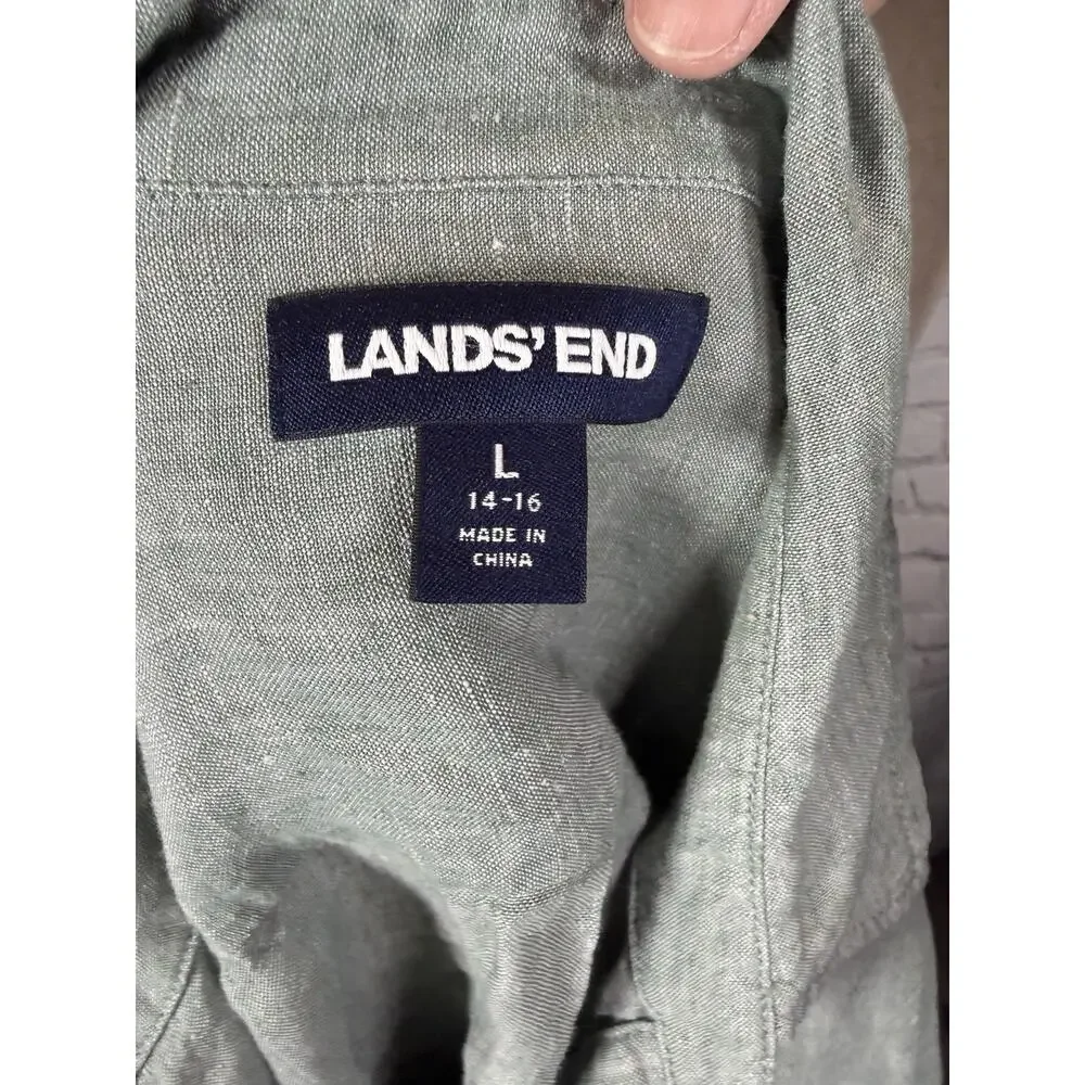 Land’s End Size Large Green Linen Long Sleeve Button Down Shirt Roll Tab - Picture 7 of 7